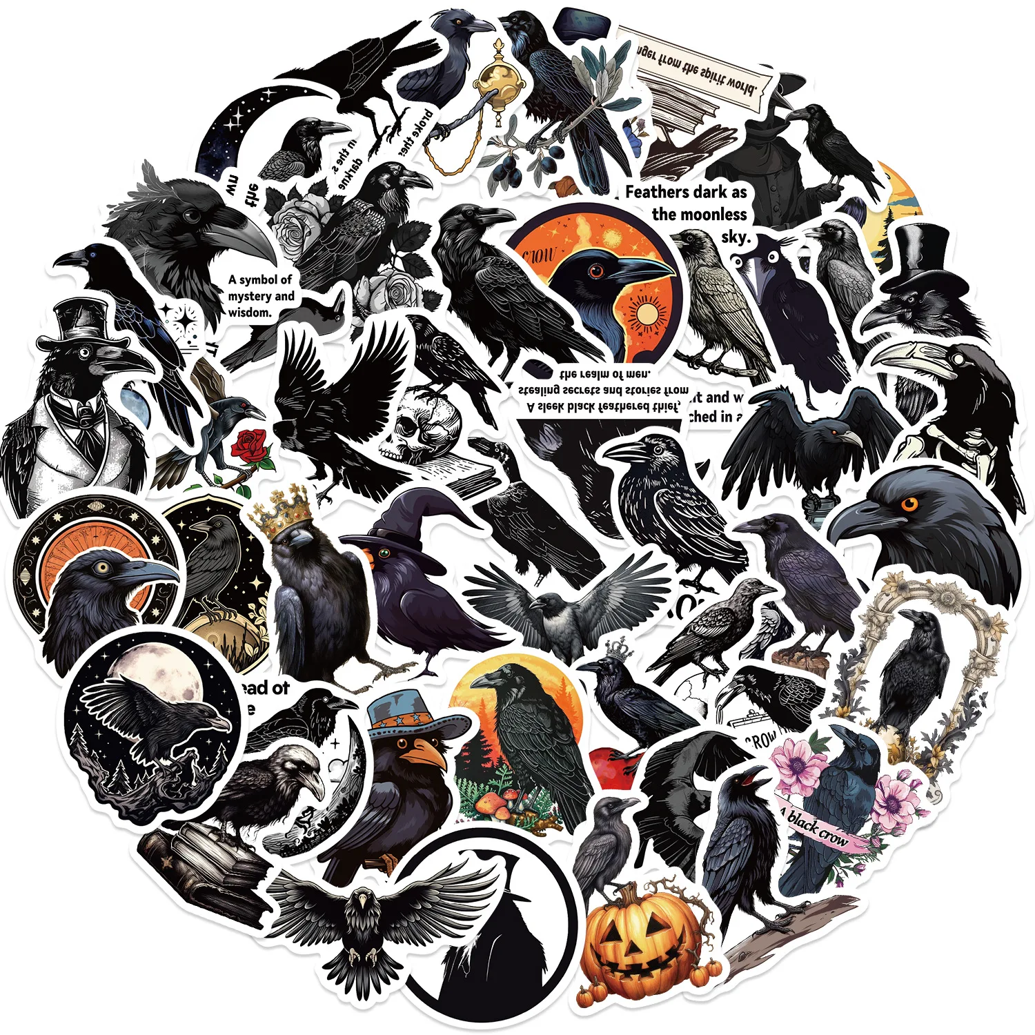 50pcs Black Crow Cartoon Graffiti Animals Stickers Phone Guitar Laptop Notebook Suitcase Water Bottles Waterproof Sticker Gift