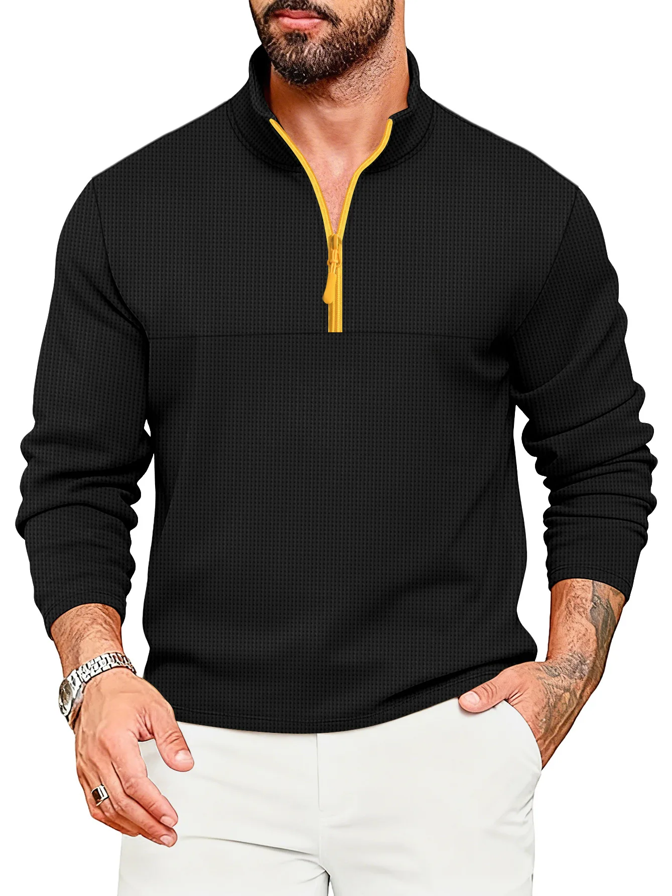 2025 Spring and Autumn New Men's T-shirt Sweatshirt Casual Sports Color Blocked Long Sleeved High Neck Half Zip Top