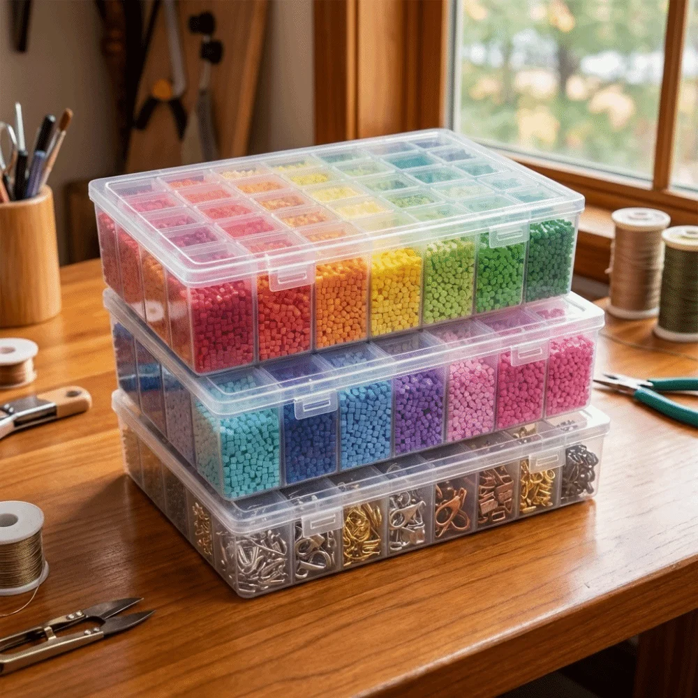

Пластиковый прямоугольный контейнер для хранения бусин Perler, большой емкости, штабелируемый, с крышкой, настольный органайзер для дома