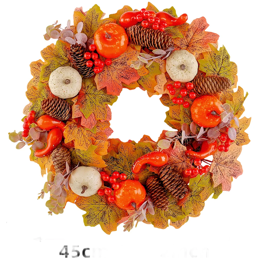 Autumn Pumpkin Pinecone Wreath With Berries Maple Leaves For Thanksgiving Door Wall Hanging Home Decor Festival Garland 45cm