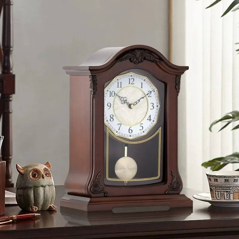 Solid Wood Table Clocks Retro Art Silent Desk Clock Music Time Announcement Table Clock Living Room Creative Home Decoration