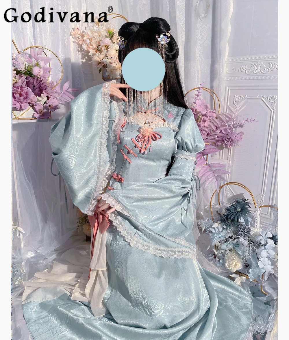 

Chinese Style Lolita Sweet Dress Female Slim Fit Elegant Cheongsam Women's Sweet Bow Petal Sleeves Long Cheongsam Cosplay Dress