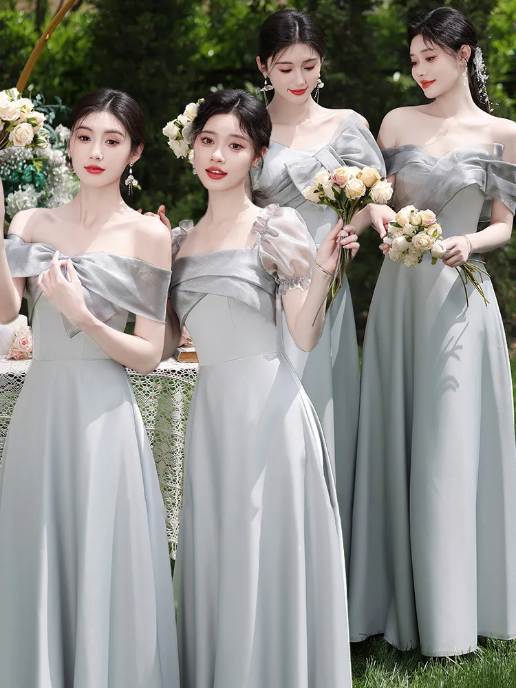

French Style 2025 New Grey Satin Bridesmaid Dress Simple Bridal Wedding Party Guest Dress Sister Group Gowns