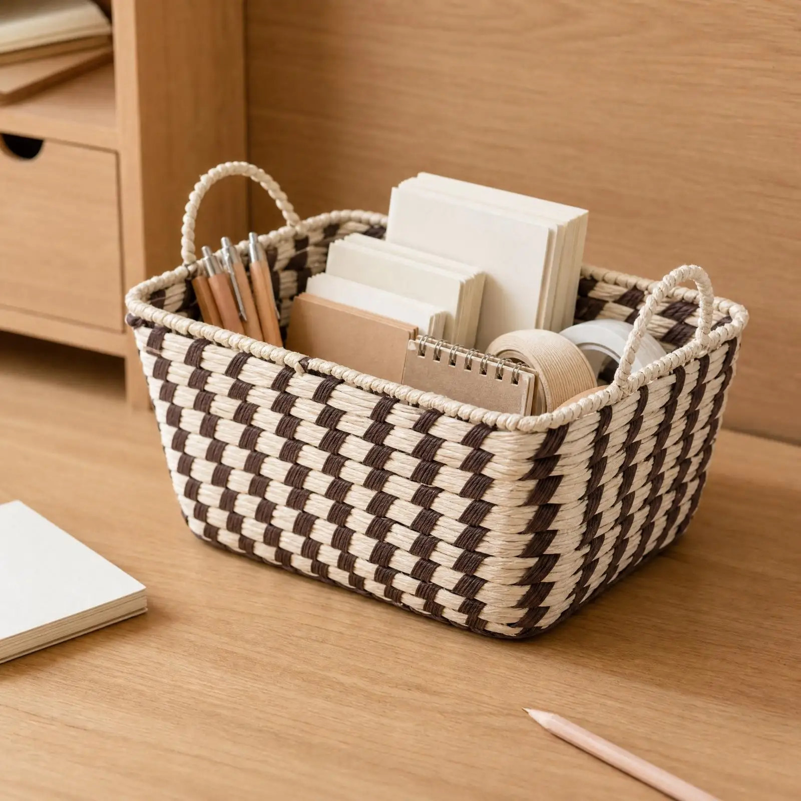 Checkered Handwoven Paper Rope Basket with Handle Versatile Paper Rope Storage Basket Organizing Bin Sturdy Decorative
