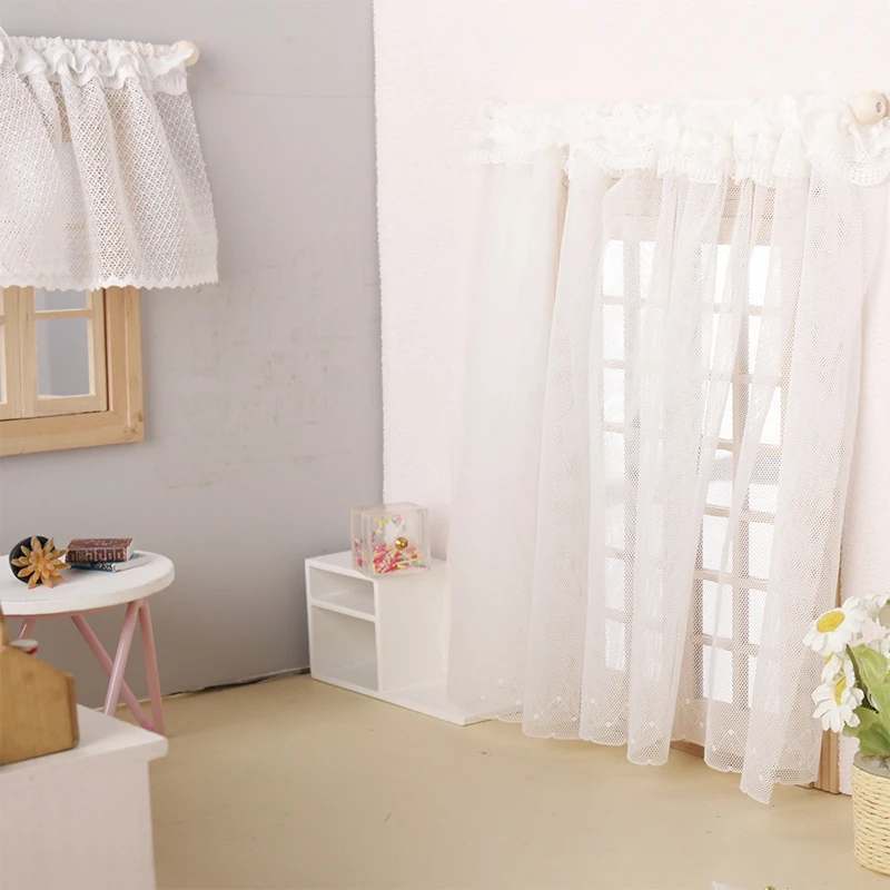 Cortina en miniatura de casa de muñecas, tela blanca de encaje para puerta, decoración de ventana, modelo de dormitorio, muebles de sala de estar, juguete de decoración, 1:6/1:12