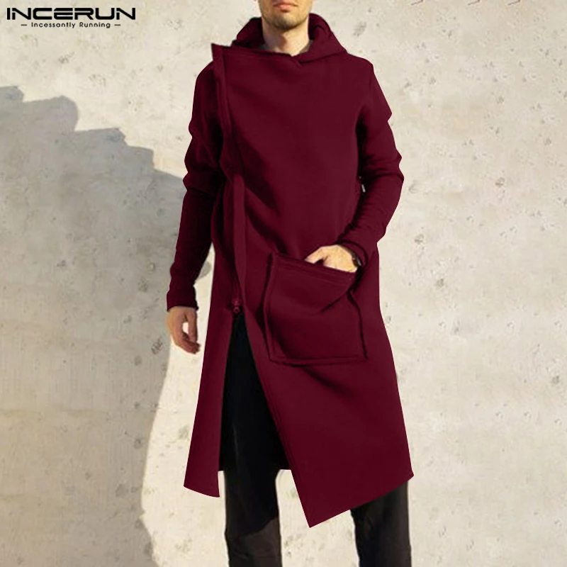 Fashion Casual Style Tops INCERUN 2024 Men's Solid Large Pocket Mid Length Design Trench Handsome Male Loose Hooded Coats S-5XL