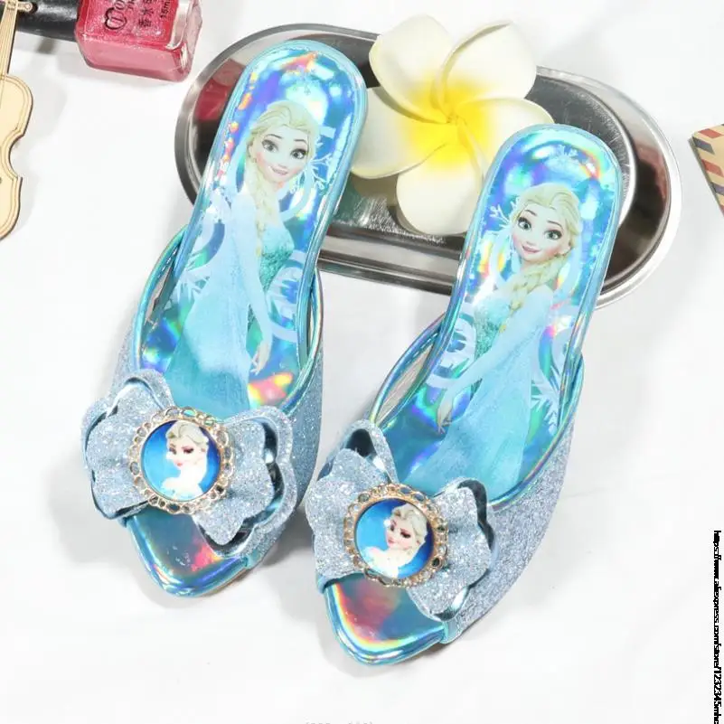 Disney Frozen Elsa Fashion Slippers Girls Summer Children\'s High Heels Kids Princess Crystal Sandals Outside With Bow