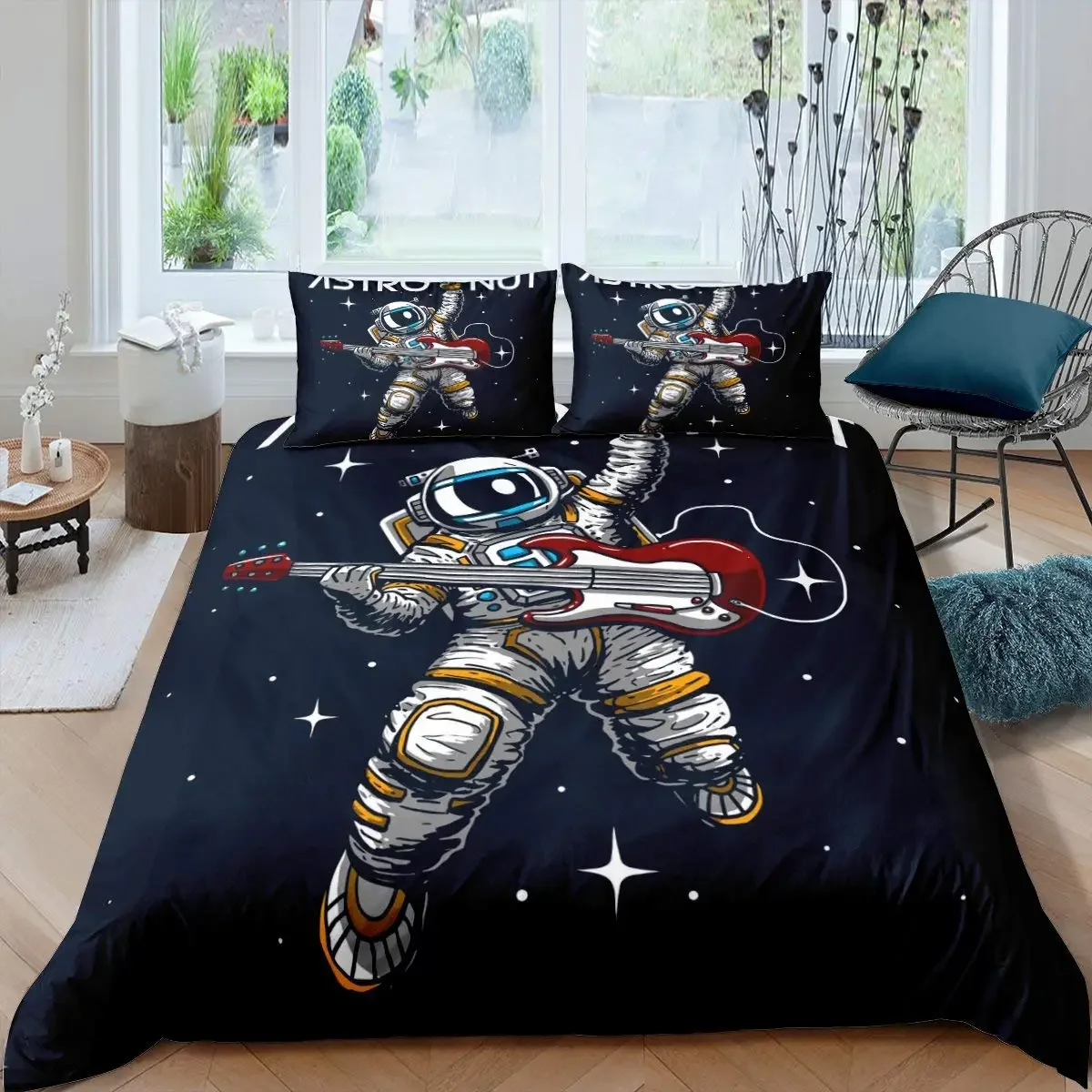 Child Cartoon Astronaut Duvet Cover Guitar Bedding Teen Boys Kid Galaxy Stars Out Space Pattern Rock Music Theme Navy Blue Decor