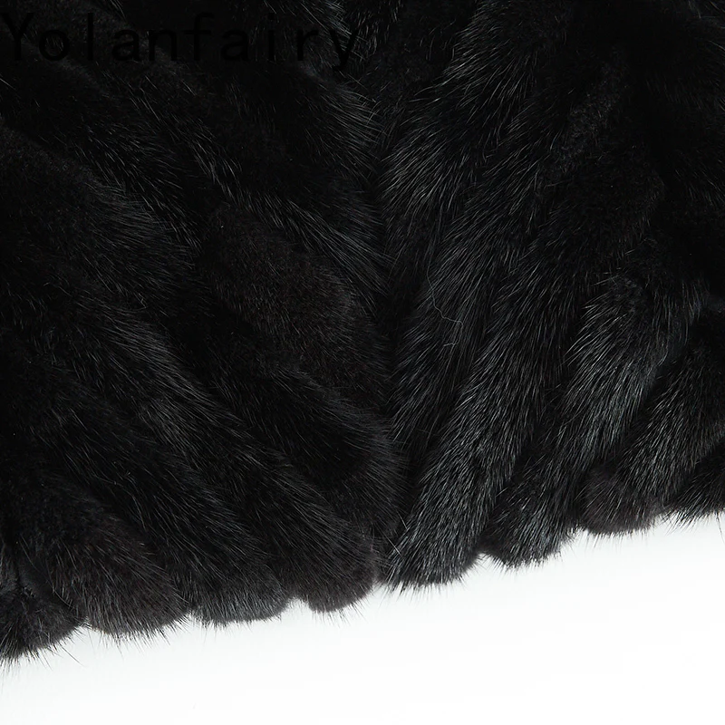YOLANFAIRY سترة الفرو الحقيقي المرأة الخريف الشتاء الربط قطع معطف فرو المنك امرأة س الرقبة موضة مخطط معاطف الفرو الأسود