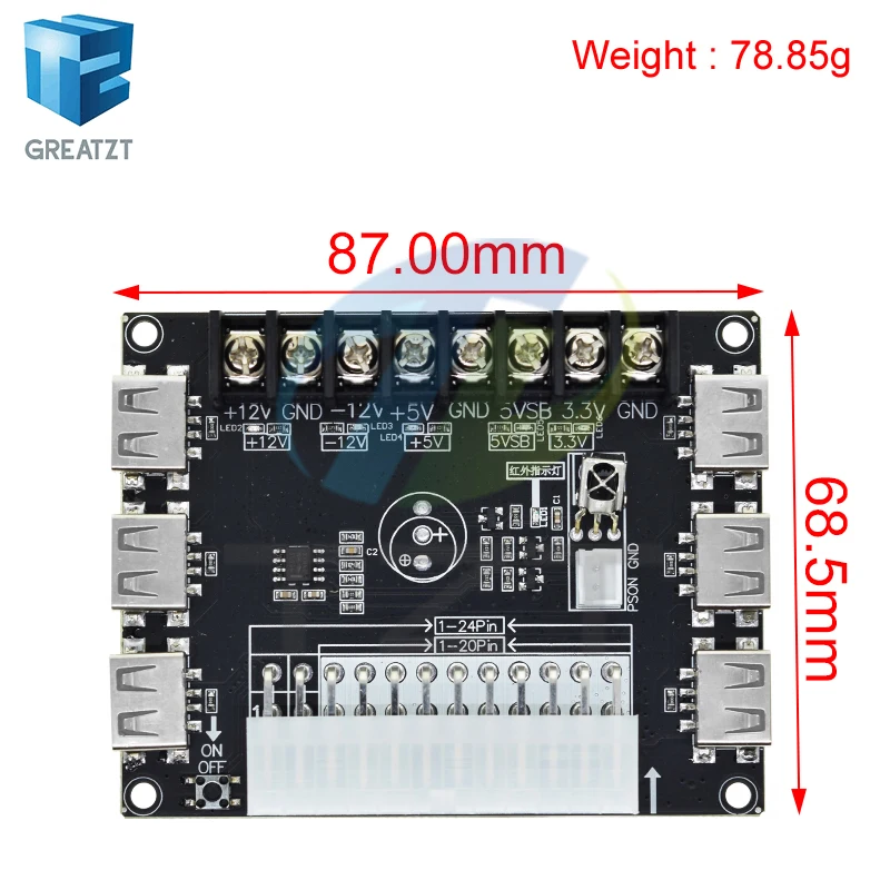 TZT 24 Pins ATX Power Supply Breakout Board With Acrylic Case Kit Module Adapter Power Connector Support 3.3V/5V/12V 1.8V-10.8V