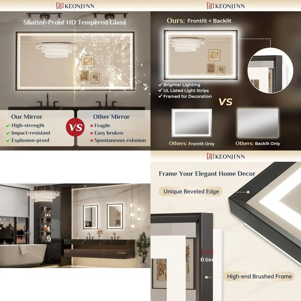 

30-дюймовое черное зеркало для ванной с LED-подсветкой, из закаленного стекла, со скошенными краями, 3 варианта цвета, с регулировкой яркости