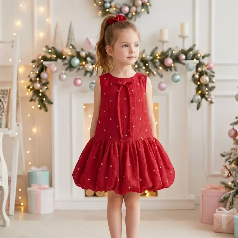 Mädchenkleid (0-10 Jahre) Sommer Neuheit Süßes Prinzessinnenkleid mit Haarschleife Rotes Geburtstagskleid für Babymädchen – Detail 3