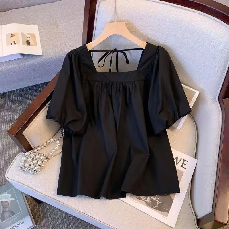 Retro Vierkante Kraag T-shirt Dames Zomer Nieuwe Grote Maat Losse Top Design Bubble Sve Eenvoudige Basis irt Casual Sle ort...