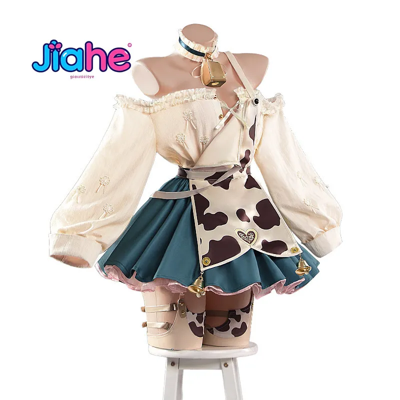 

Game Azur Lane Owari Cow Pattern Cosplay Costume Halloween Carnival Women's Man New Sexy Cow Dress Socks Necklace Props