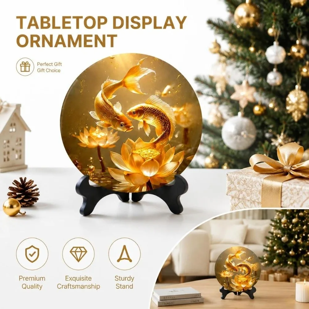 Round Shape Koi Fish Plaque Freestanding Auspicious Symbol Lucky Fish Decoration with Display Stand Golden Goldfish Ornament