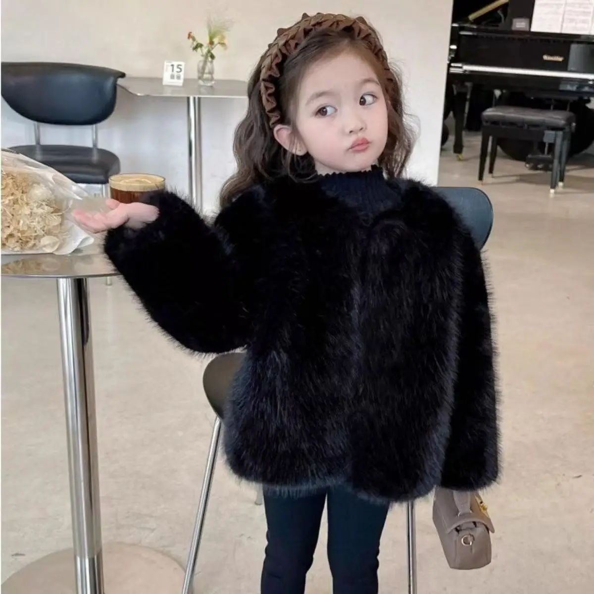 

Детская шуба для девочек со сто с иностранным газом, корейская версия, однотонные детские меховые топы с круглым вырезом, 90-150 см