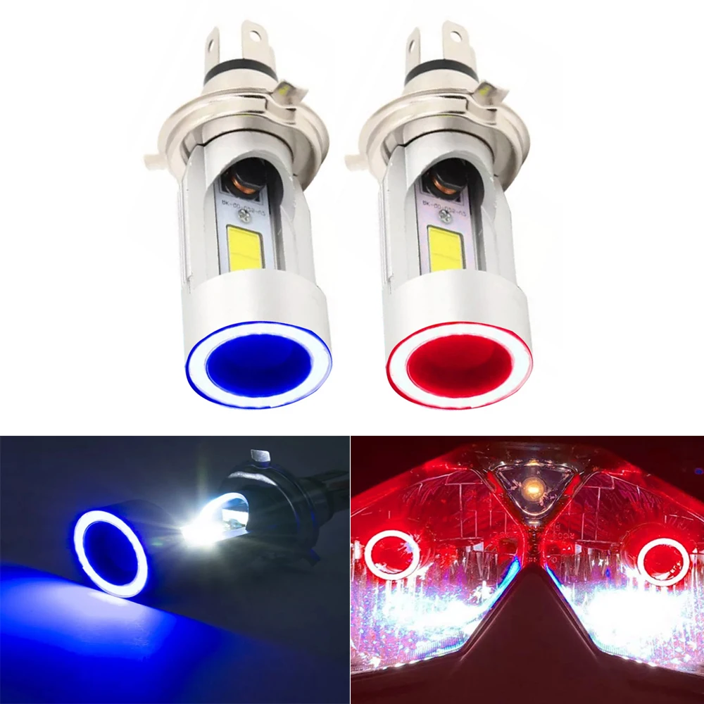 40W With Fans Blue/Red Angel Eye H4 LED Motorcycle Headlight  Scooter Motorbike Headlamp Light Bulb DRL Accessories 12V