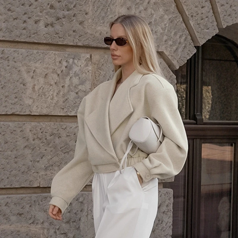 2026 Spring New Commuter Suit Collar Short Elastic Waist Bottom Solid Color Fashion Coat for Women