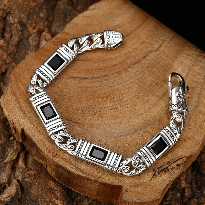 925 Sterling Unisex-Style Trendy-Embellished Arabesque Anchor Bracelet Thai Silver Jewelry