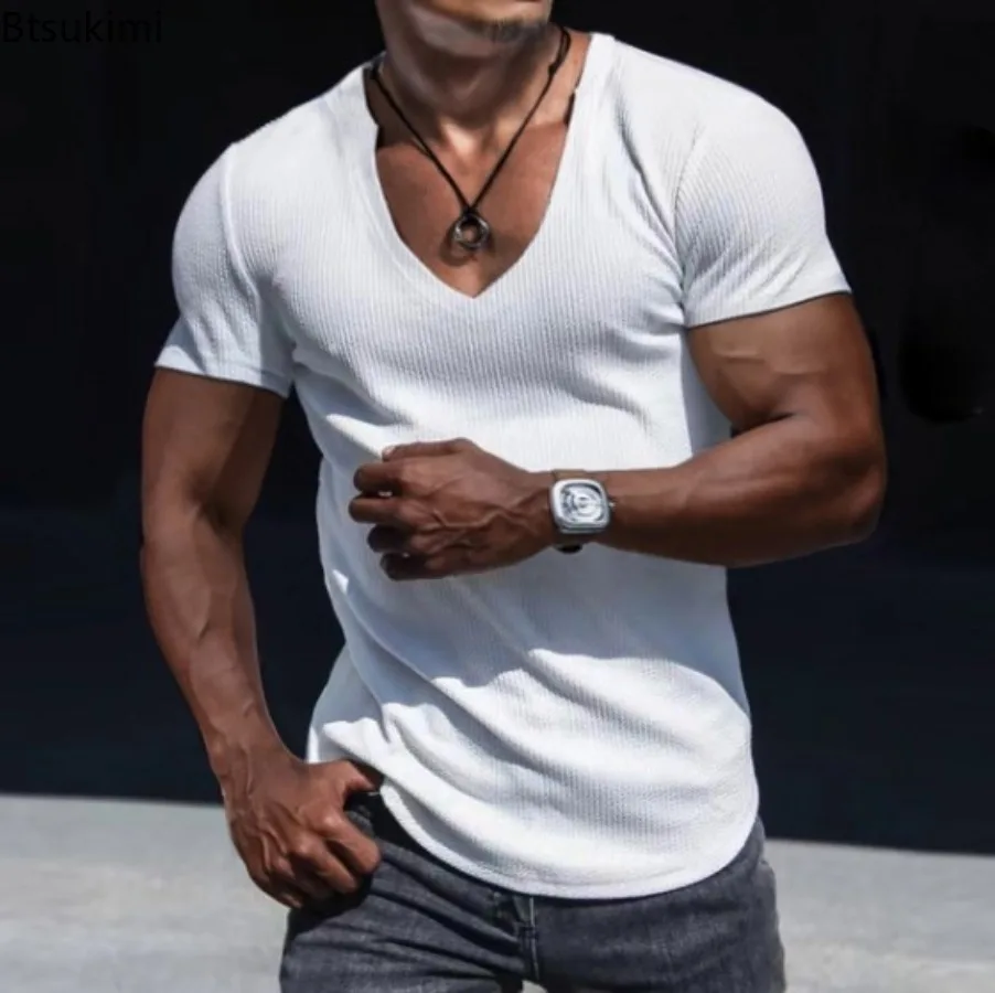 

Summer New Men's V-Neck Solid Short Sleeve T-shirt Breathable Sweat Absorption Quick Dry Casual Sport Tees Pullover Tops for Men