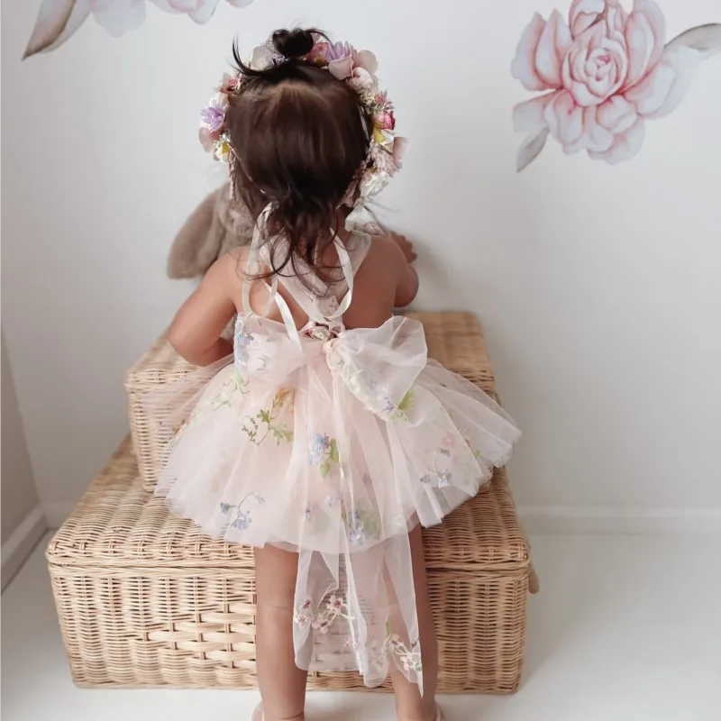 Newborn Baby Girl Princess Fairy Tulle Dress Flower Sling Romper Infant Toddler Daisy Embroidery Jumpsuit Baby Clothes 3-18M