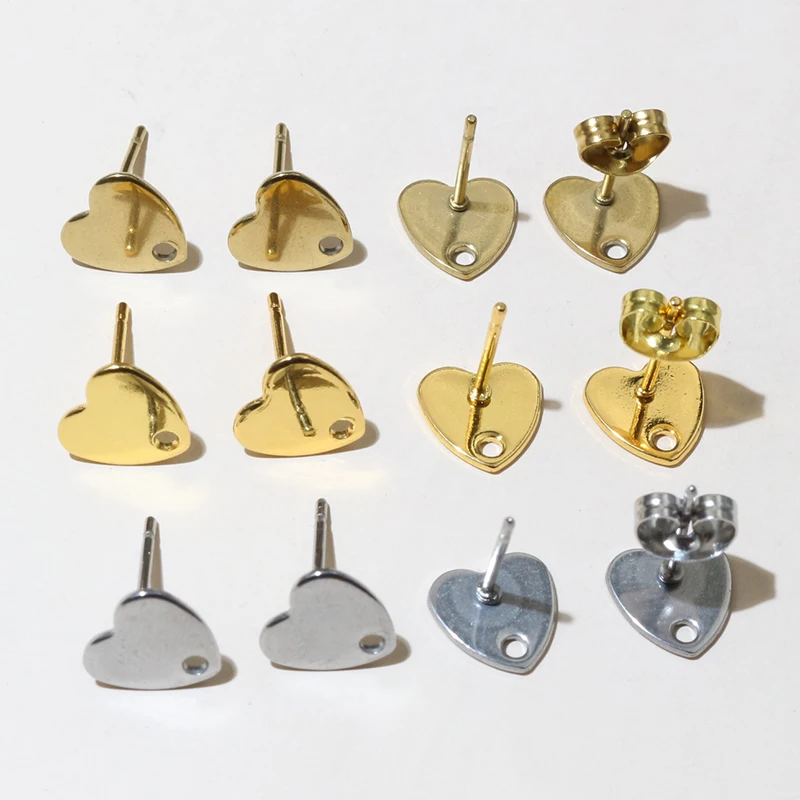 20pcs 8mm Heart 316 Stainless Steel Gold Plated Pin Findings Stud Earring With Hole Connector For DIY Jewelry Making Supplies