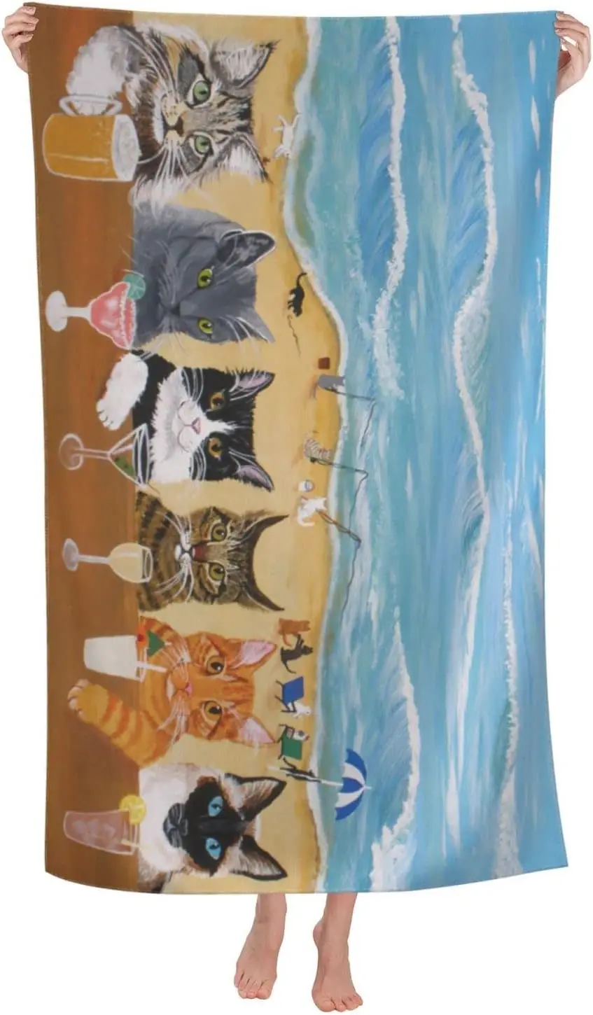 Cute Cat Microfiber Beach Towel for Women, Artistic Kitten Design Quick-Dry Sand-Free Bath Towel for Pool and Vacation