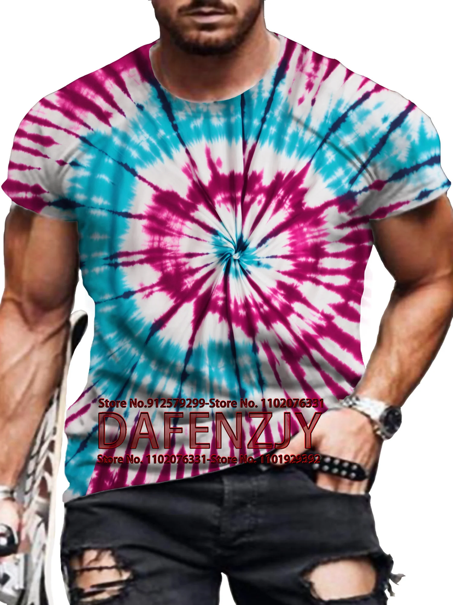 2024 Men's Casual T-Shirt 3D Tie Dye Graphic Short Sleeve Summer 90s Vintage Outdoor Tees