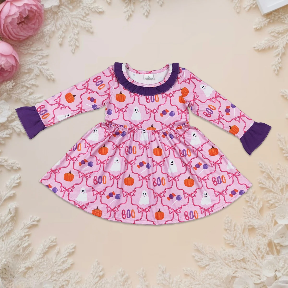 

Baby Girls Long Sleeve Embroidery Halloween Dress Purple Infant Toddler Kids Clothing with Pumpkin Ghost Candy Design Wholesale