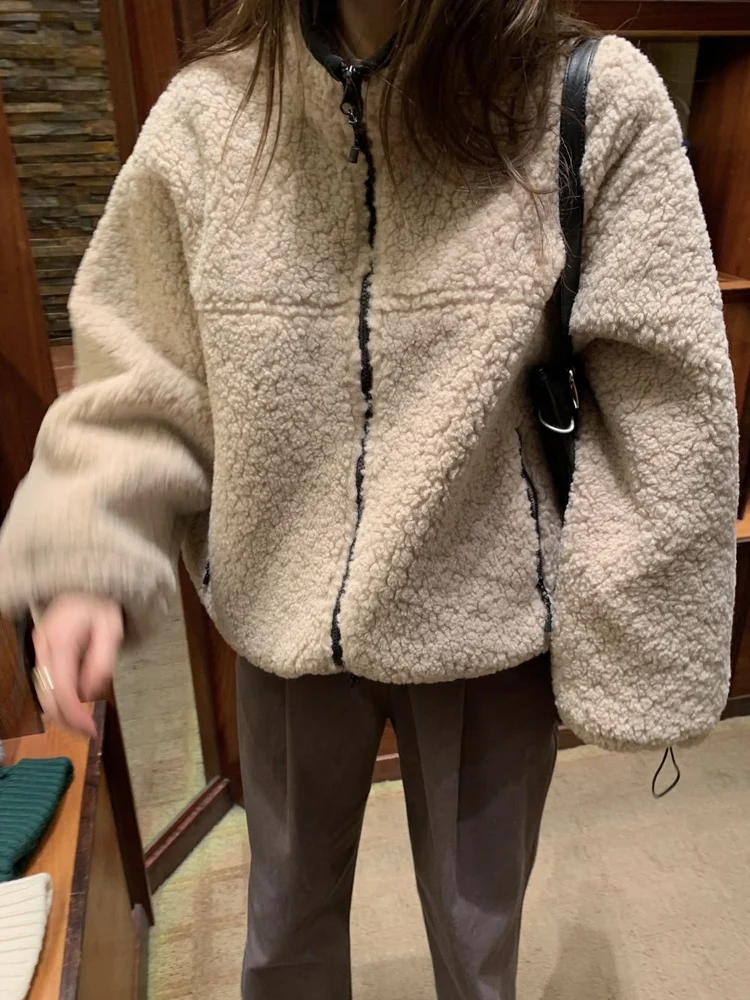 

Lamb Fur Cotton Jacket Women's Vintage Stand Collar Loose Zipper Autumn Winter Thick Warm Anti-Aging Cotton Coat Top