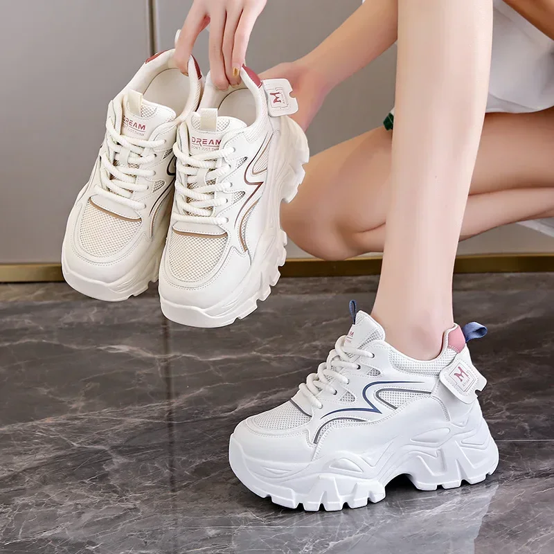 Women\'s Fashion Casual Lace Up Sneakes New Wedge Platform Increase Height Vulcanized Shoes Thick Soled Tennis Sneakes