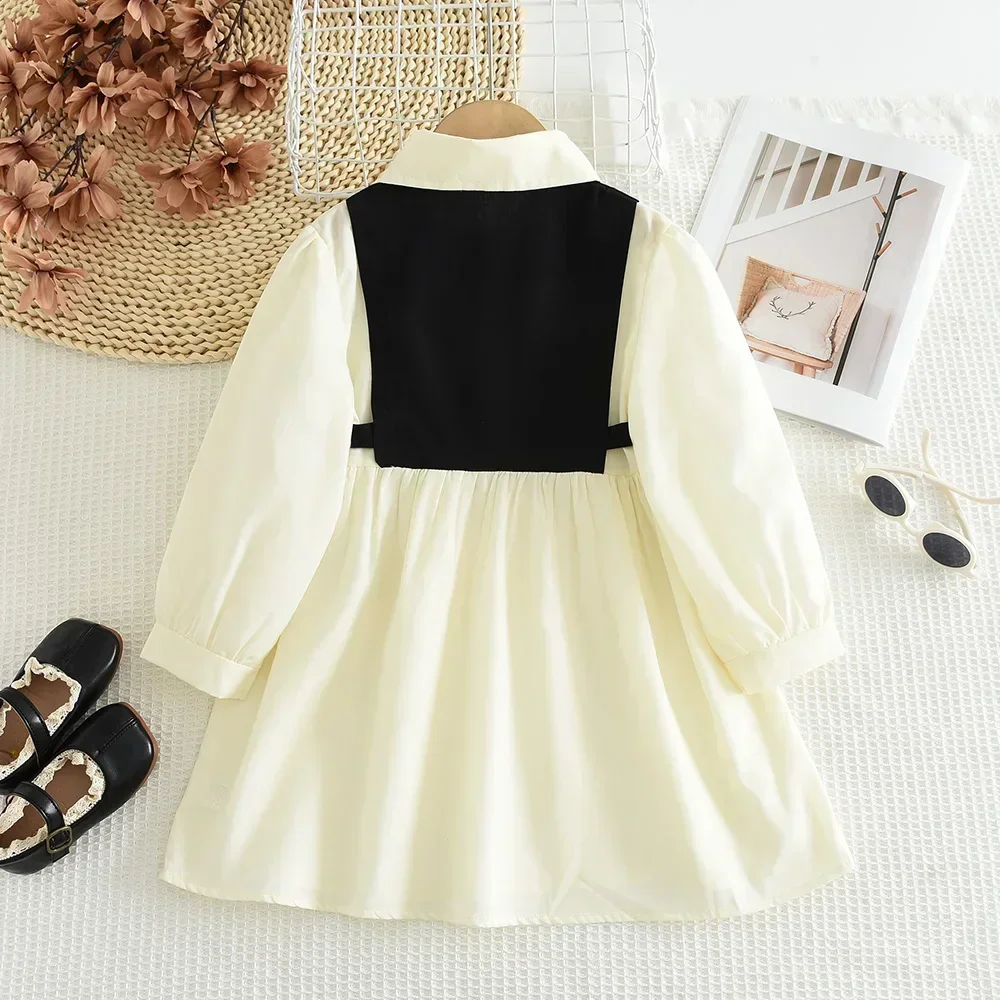 3 To 7 Years Old Autumn Long Sleeved Color Blocked Lapel Button Dress Kids Dresses for Girls Spring Casual Children\'s Clothing