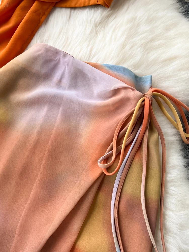 Summer Beach Two Piece Set Women Sexy Halter with Bra Crop Top+halo Dyed Wrap Skirt Ladies Fashion Orange Boho Chiffon Outfits