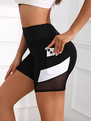 Women's High Waisted Mesh Colorblocked Yoga Shorts with Pockets Tummy Tuck Exercise Shorts