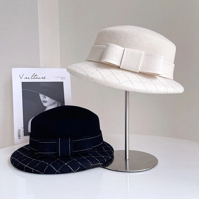 Designer models autumn and winter pure wool French lady style flat top hat men and women British retro fashion Hepburn hat