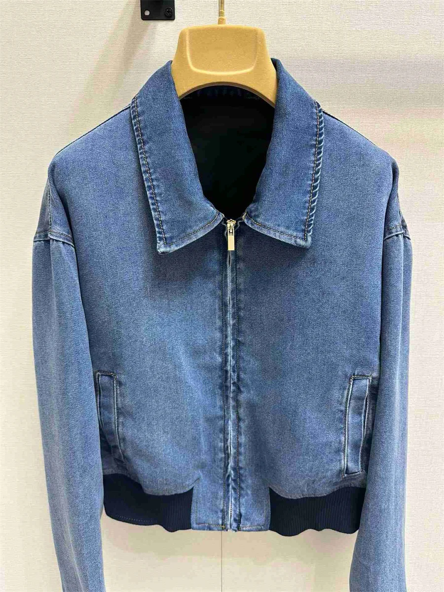 Retro Denim Patchwork Jacket for Girl, Soft Blue Denim Jacket, Embroidered Letters, Loose, New, Early Autumn, 2024