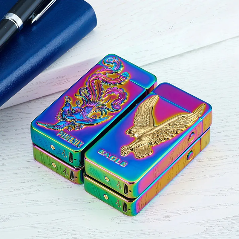 2023 New Dragon And Tiger Embossed Cross Arc USB Rechargeable Lighter Outdoor Windproof Portable Cigarette Accessorie Men\'s Gift