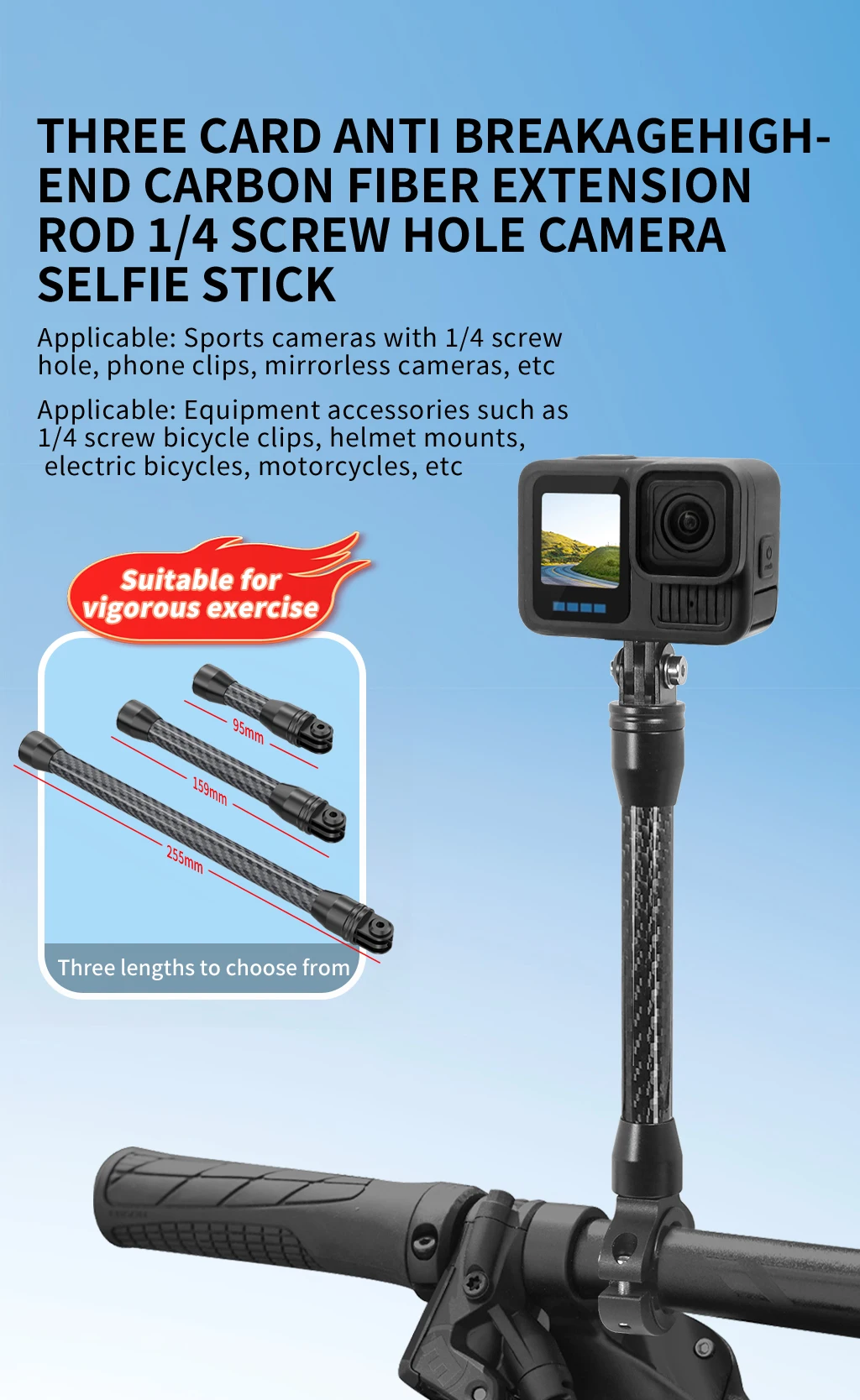 Kohlefaser-Verlängerungsstange 1/4 Bruchsicherer Selfie-Stick Motorrad-Halterungsadapter für GoPro Insta360 X5 DJI OSMO Pocket4 Kamera – Detail 9