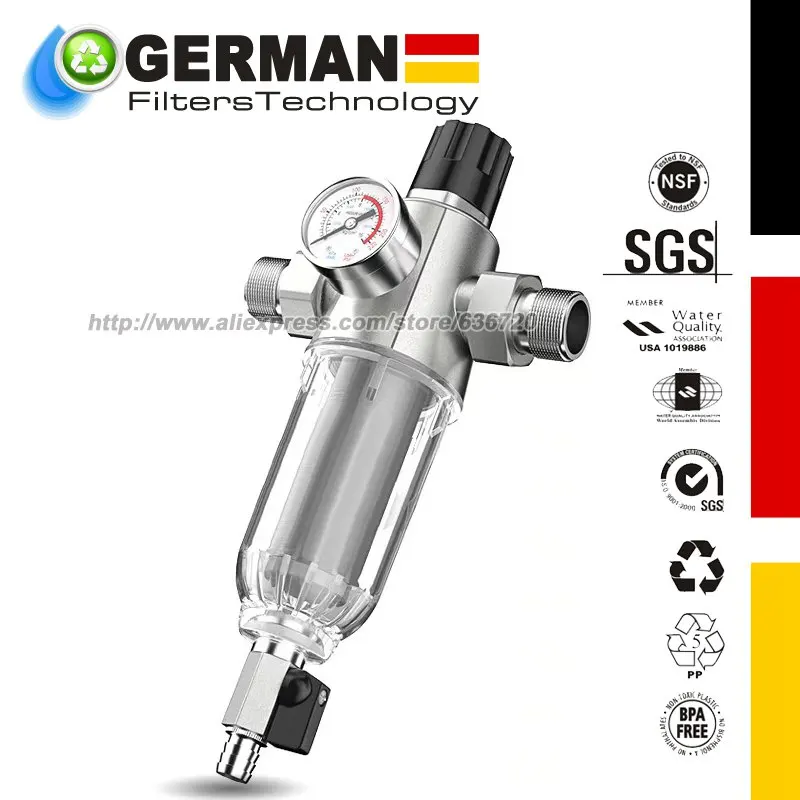 Filtro de agua de sedimento giratorio, presión de agua ajustable, manómetro superior, reutilizable y enjuagable, 40 micras