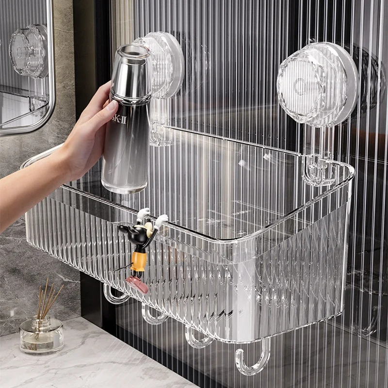Suction Cup Bathroom Shelf Basket Punch Free Storage Holder One Second Installation Rotating Removable for Shower Wall