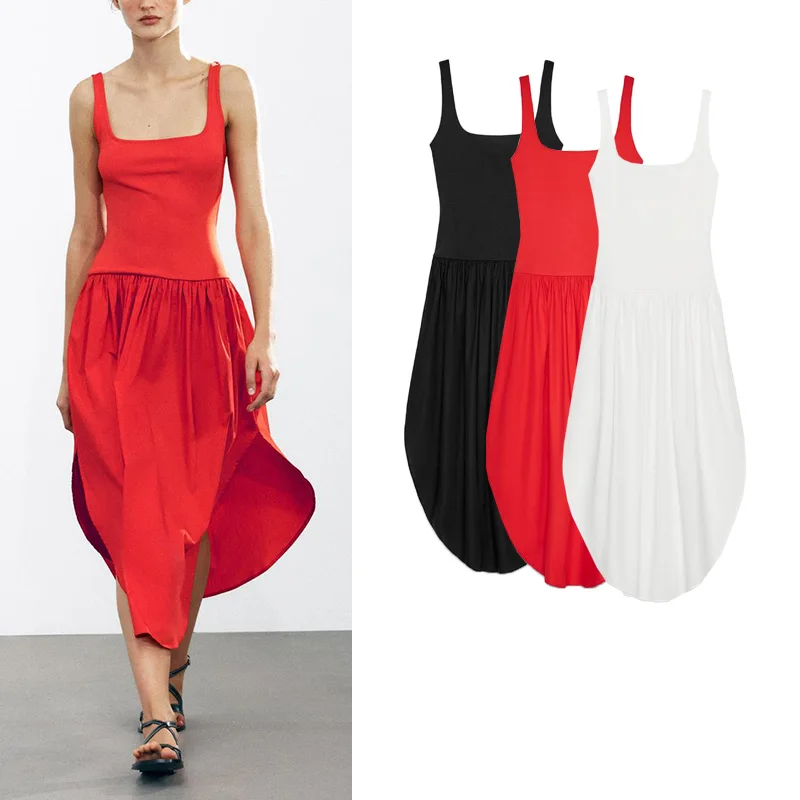 Spring Summer New Women's round Hem Splice Wide oulder Strap Square Collar Midi Dr High Waist A-Line Skirt Long Dr
