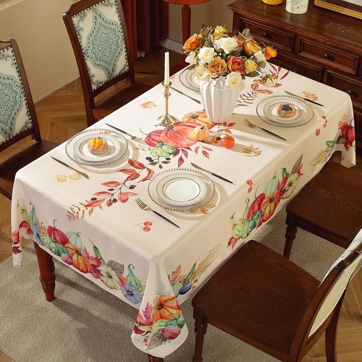 Thanksgiving Autumn Pumpkin Table Cloth Spill Proof Rectangle Tablecloth Dining Room Decoration Durable Tablecloth for Table
