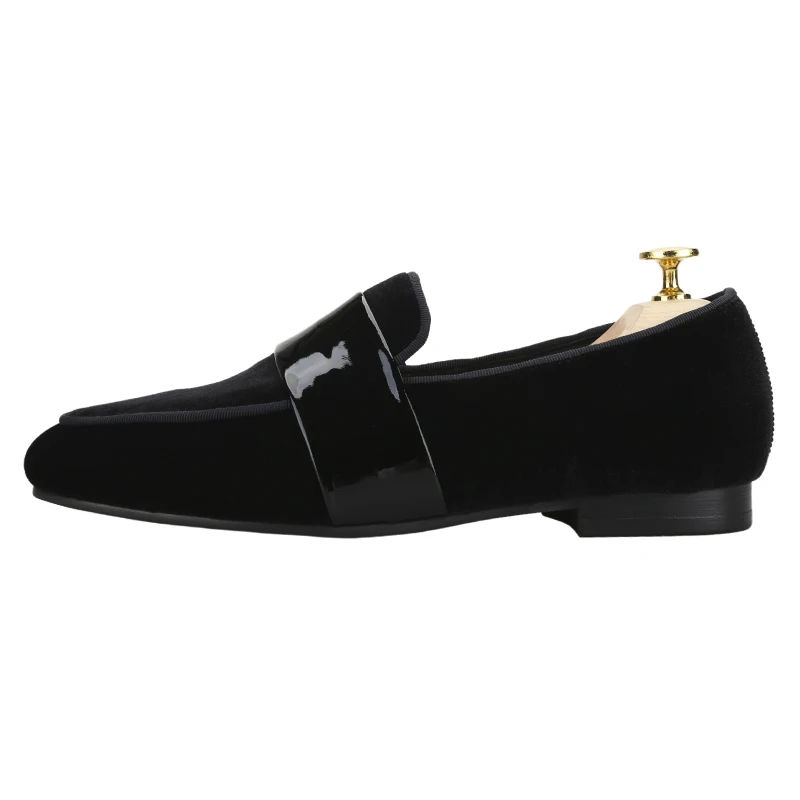 Piergitar Classic Model Black Velvet Men Slip-On Shoes With Patent Leather Cross Strap Handmade Loafers For Fashion Party Wear