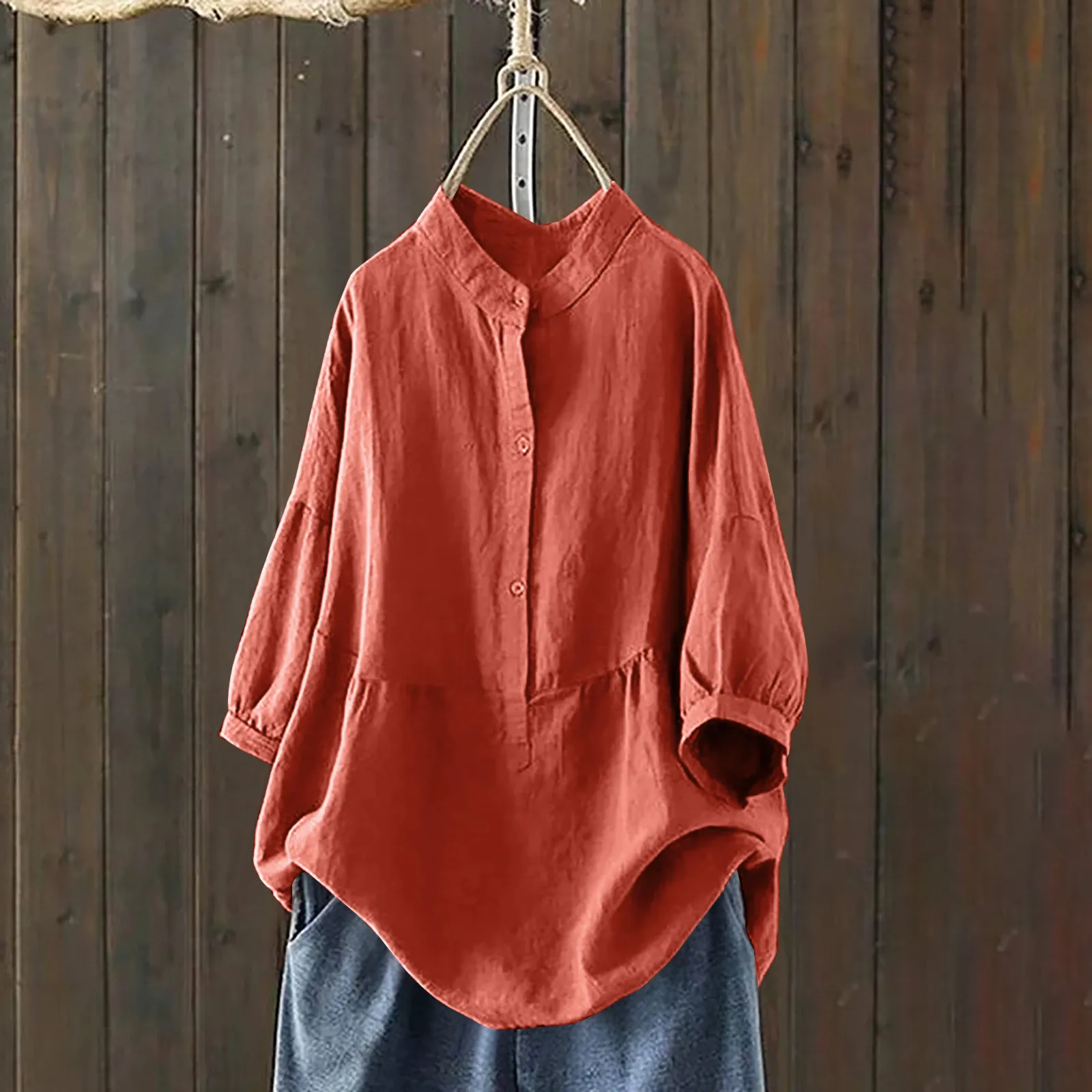 

Loose Casual Versatile Cotton Linen Stand Up Collar Solid Color Pocket Single Breasted Women's Autumn And Winter Shirt