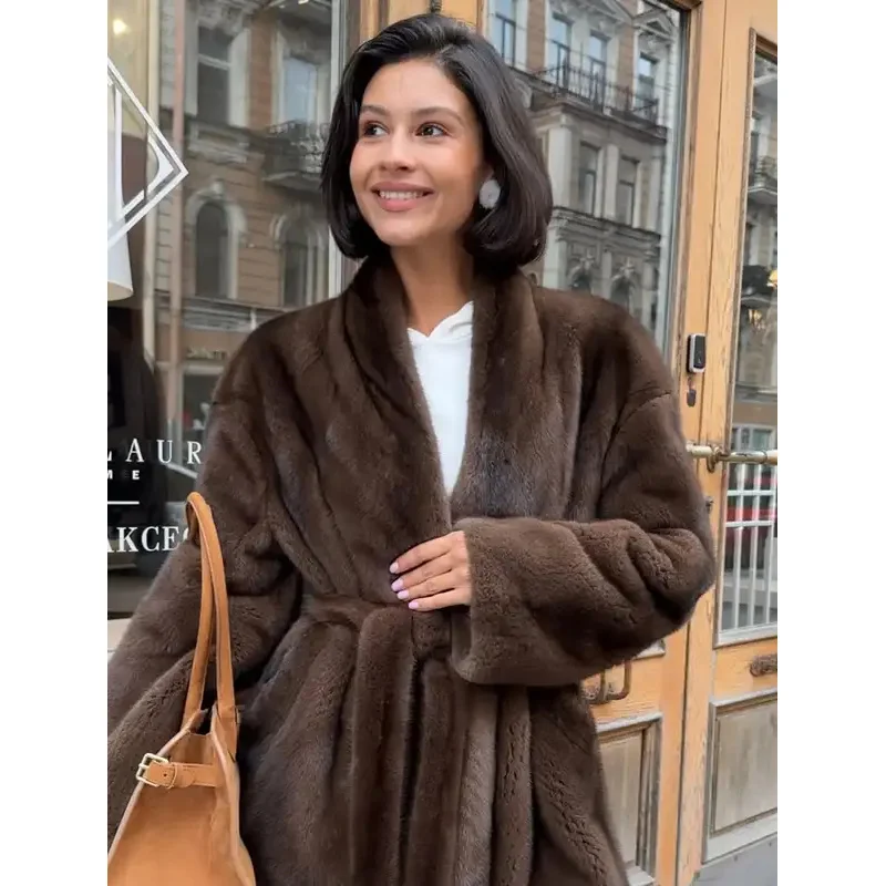 女性用エレガントなレースアップフェイクファー ジャケット、プラッシュVネック、ファッショナブルな長袖、ゆったりとした暖かいジャケット、レディース2025冬通勤ストリートコート