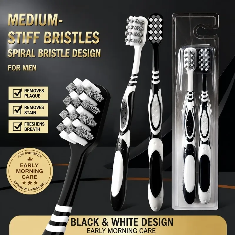 Men's Firm Toothbrush with Double Planted Spiral Medium Stiff Fibers for Efficient Stain Removal and Deep Teeth Cleansing