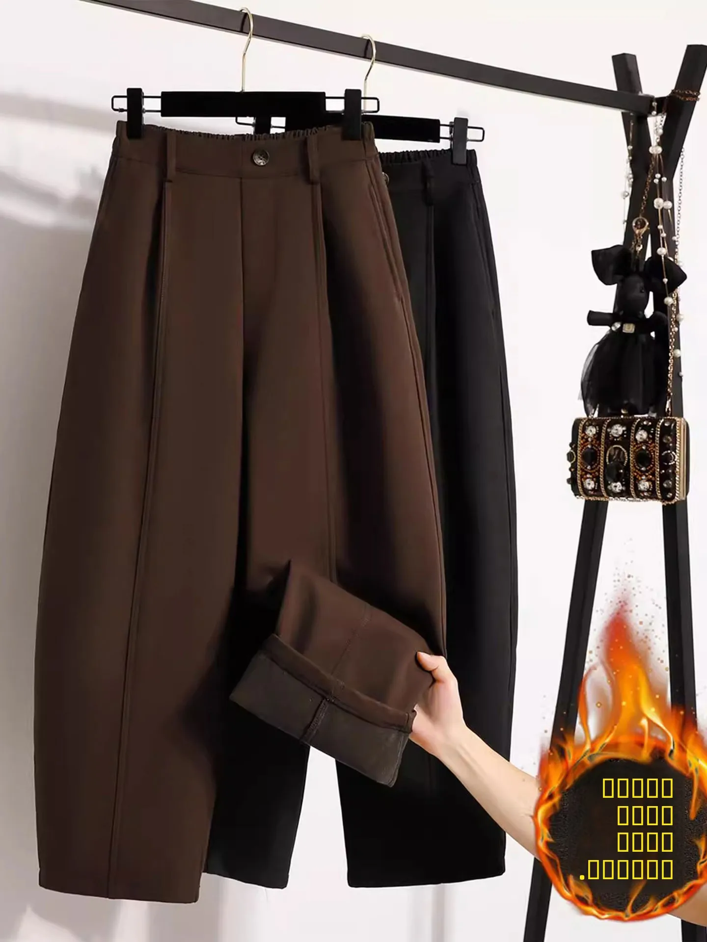 

plus Size Fce Lined Thiened Casual Wide Leg Pants Women Autumn Winter Plump Loose Slimming Scythe Pants High Waist Strai...