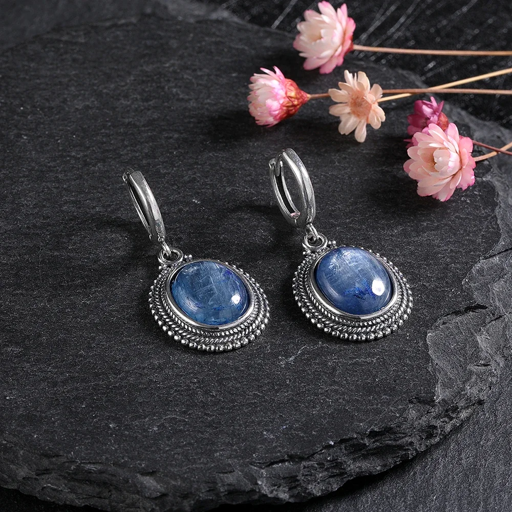 Exquisite Elegant Oval Natural Kyanite 925 Sterling Silver Earring for Women Gems Jewelry Party Engagement Gift Hoop Earrings