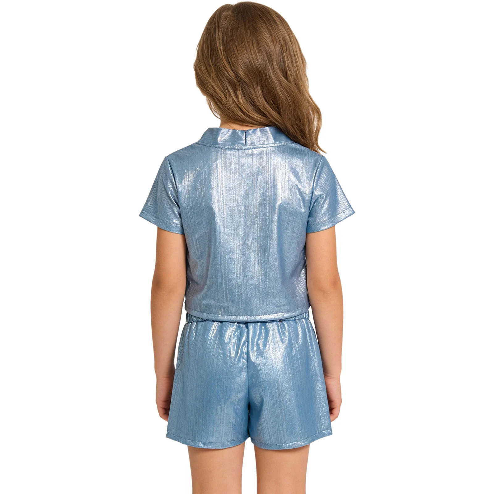 Kids Boys Girls Hip Hop Cheerleading Performance Costume Metallic Ribbed Jazz Dance Outfit Short-sleeve T-shirt with Shorts