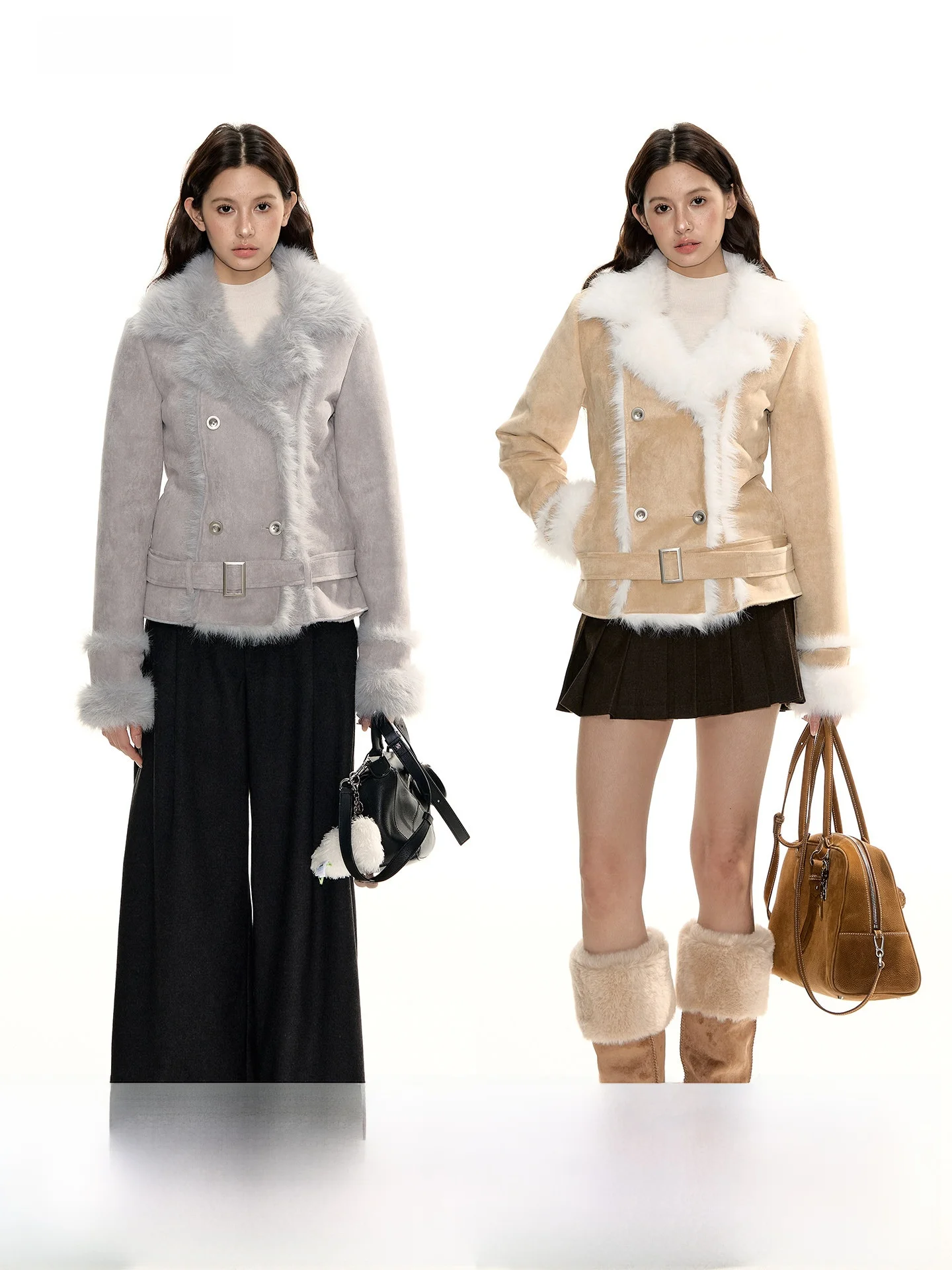 

Женское зимнее утепленное двубортное пальто RedBling Original Design из замши и меха с интегрированной кожаной и меховой отделкой